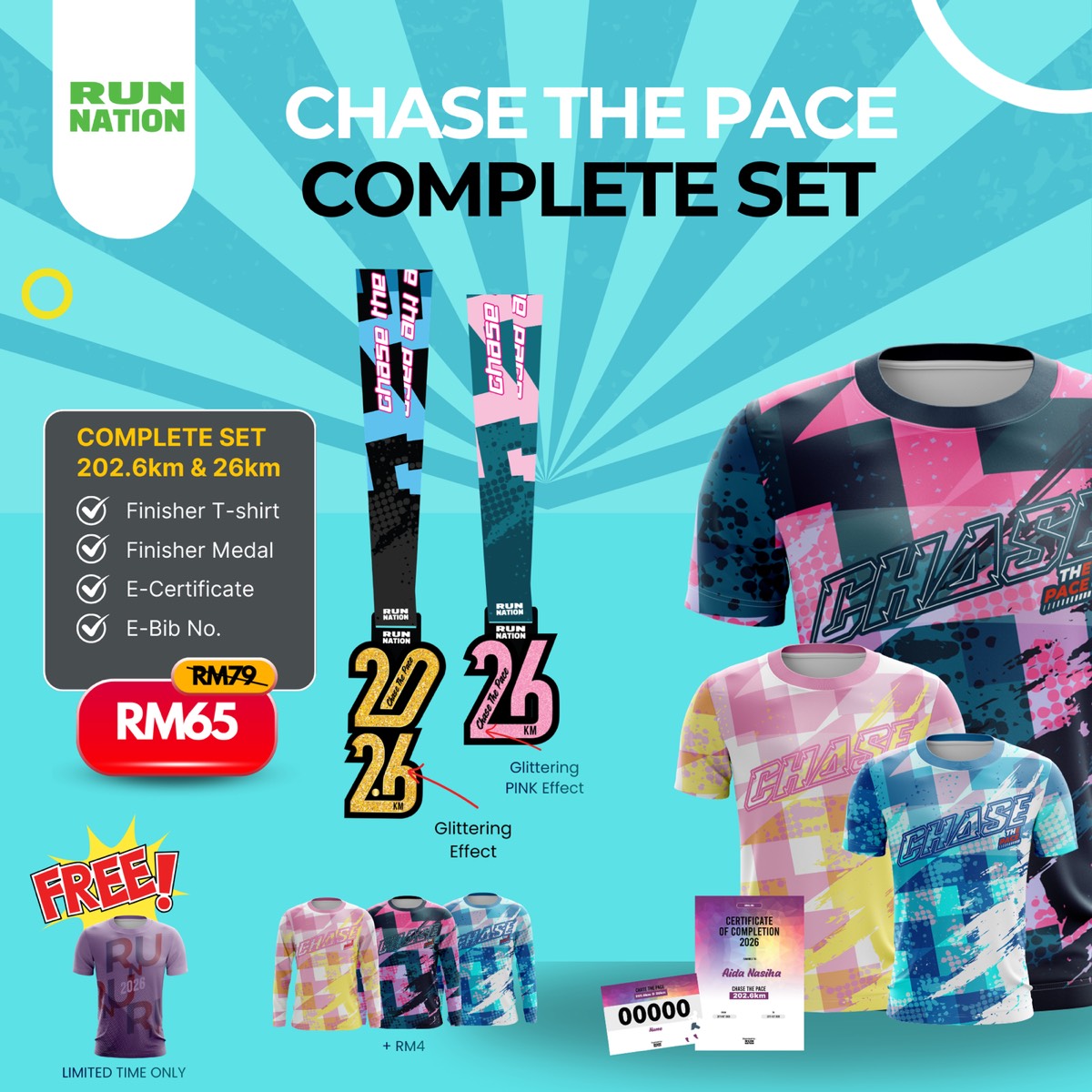 Chase The Pace finisher tee, medal, e-certificate and e-bib